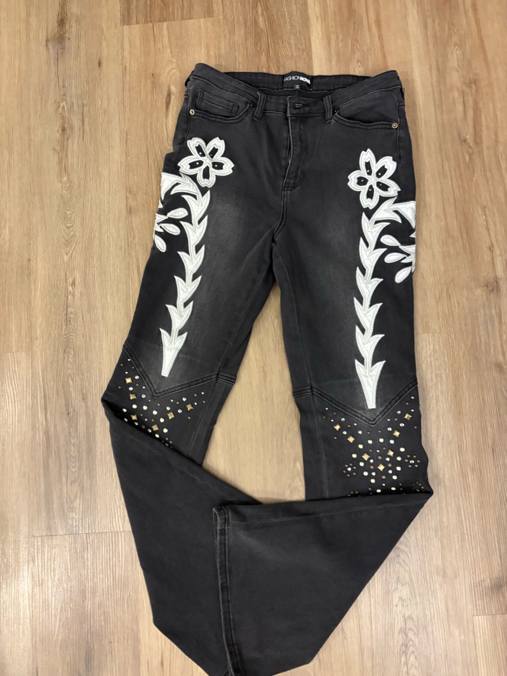 Black Women's Jeans with White Floral Embroidery